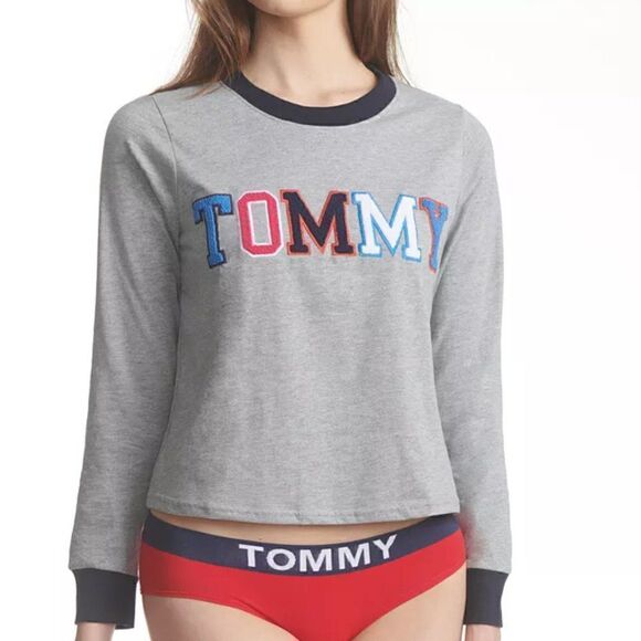 TOMMY HILFIGER Cropped Pajama Shirt Embroidered logo appliqués vasity style Y2K - Picture 1 of 14